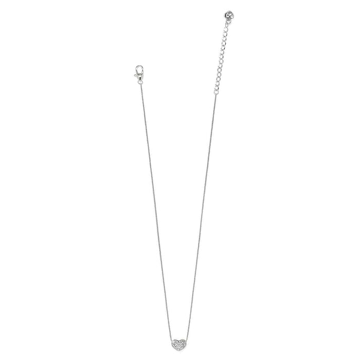Brighton silver-plated necklace with crystal heart pendant, lobster clasp, and adjustable extender chain on a white background