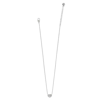 Brighton silver-plated necklace with crystal heart pendant, lobster clasp, and adjustable extender chain on a white background