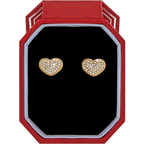 Brighton heart stud earrings with gold-plated finish and crystal pavé accents displayed in a red gift box