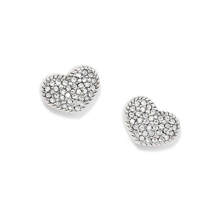 Brighton heart stud earrings with pavé crystals and silver-plated rope-edge borders on a white background