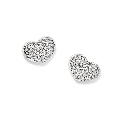Brighton heart stud earrings with pavé crystals and silver-plated rope-edge borders on a white background