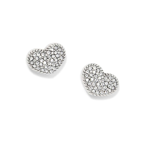 Brighton heart stud earrings with pavé crystals and silver-plated rope-edge borders on a white background