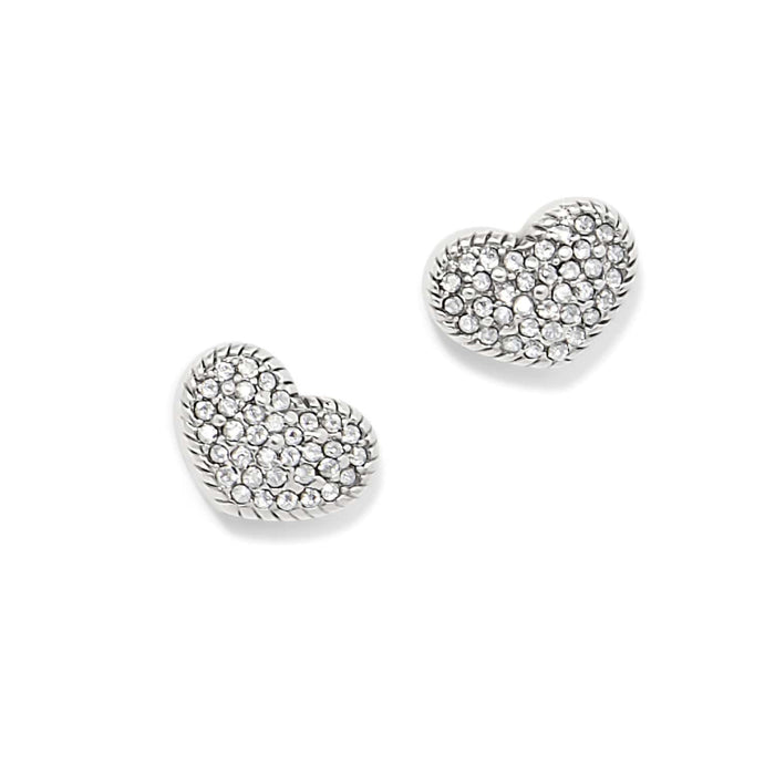 Brighton heart stud earrings with pavé crystals and silver-plated rope-edge borders on a white background