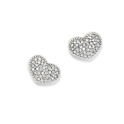 Brighton heart stud earrings with pavé crystals and silver-plated rope-edge borders on a white background