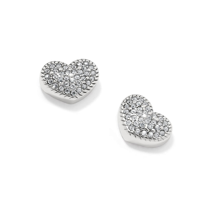 Brighton heart stud earrings with pavé crystals and silver-plated finish on a white background