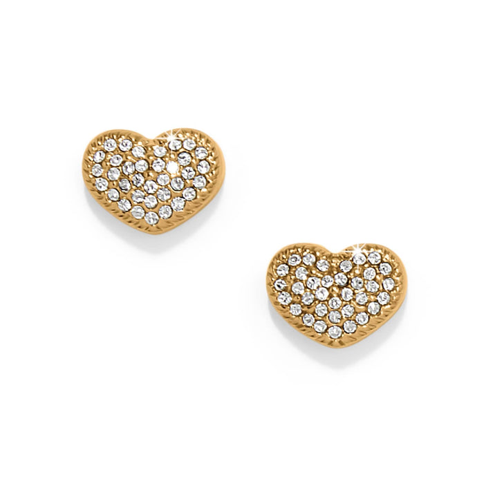 Brighton heart stud earrings with gold-tone finish and pavé crystals on a white background