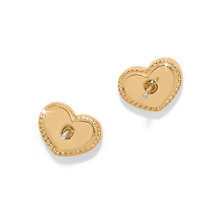 Brighton heart stud earrings shown from the back with gold-tone finish and rope edge detail on a white background