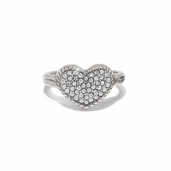 Brighton silver-plated heart ring with pavé crystals and rope-edge detail on a white background