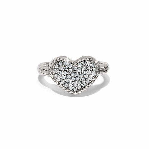 Brighton silver-plated heart ring with pavé crystals and rope-edge detail on a white background