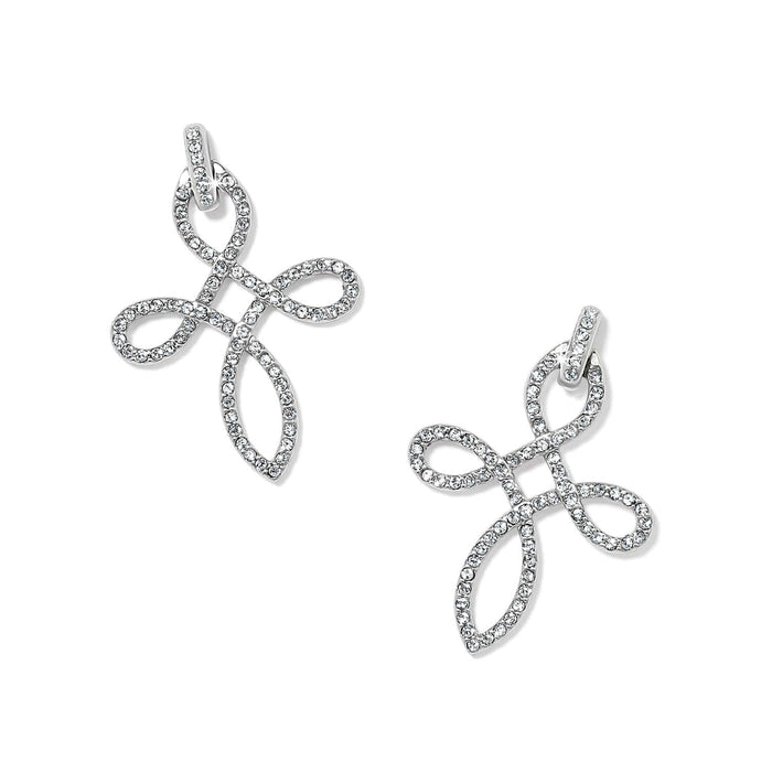 Brighton silver-plated cross drop earrings with looped design and pavé crystal accents on a white background