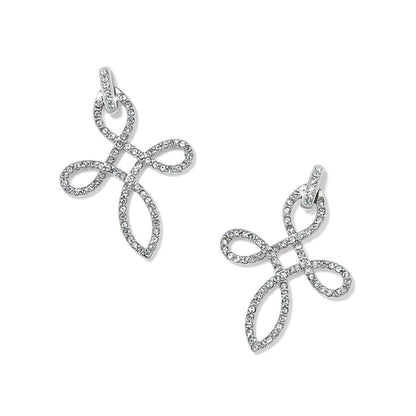 Brighton silver-plated cross drop earrings with looped design and pavé crystal accents on a white background