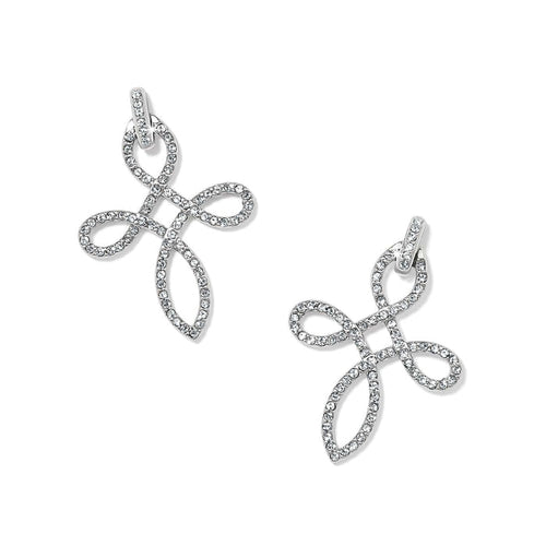 Brighton silver-plated cross drop earrings with looped design and pavé crystal accents on a white background