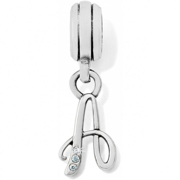 Brighton letter A charm with silver-plated cursive script and three crystal accents on a white background
