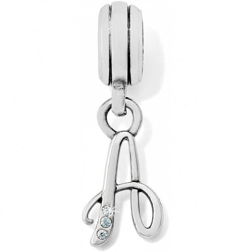 Brighton letter A charm with silver-plated cursive script and three crystal accents on a white background