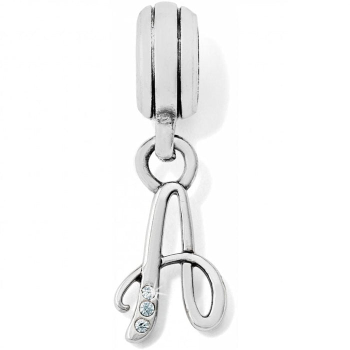 Brighton letter A charm with silver-plated cursive design and three crystal accents on a white background