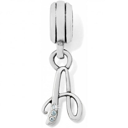 Brighton letter A charm with silver-plated cursive design and three crystal accents on a white background