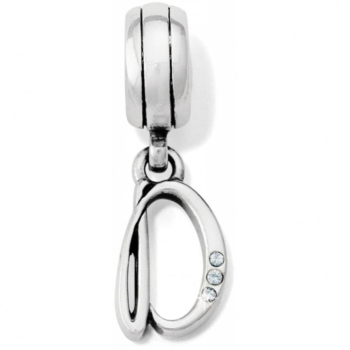 Brighton letter D charm with silver-plated finish and three small crystal accents on a white background