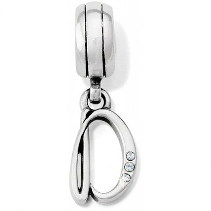 Brighton letter D charm with silver-plated finish and three small crystal accents on a white background