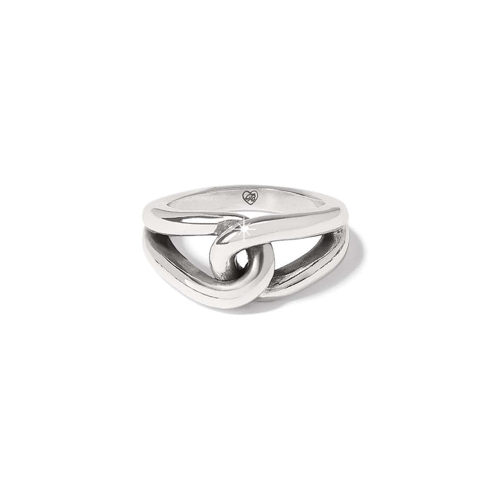 Brighton ring with silver-plated interlocking loop design and polished finish on a white background