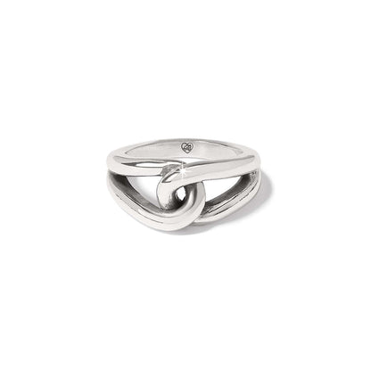 Brighton ring with silver-plated interlocking loop design and polished finish on a white background