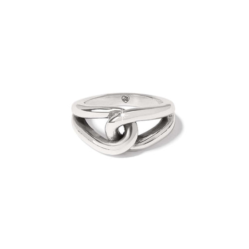 Brighton ring with silver-plated interlocking loop design and polished finish on a white background