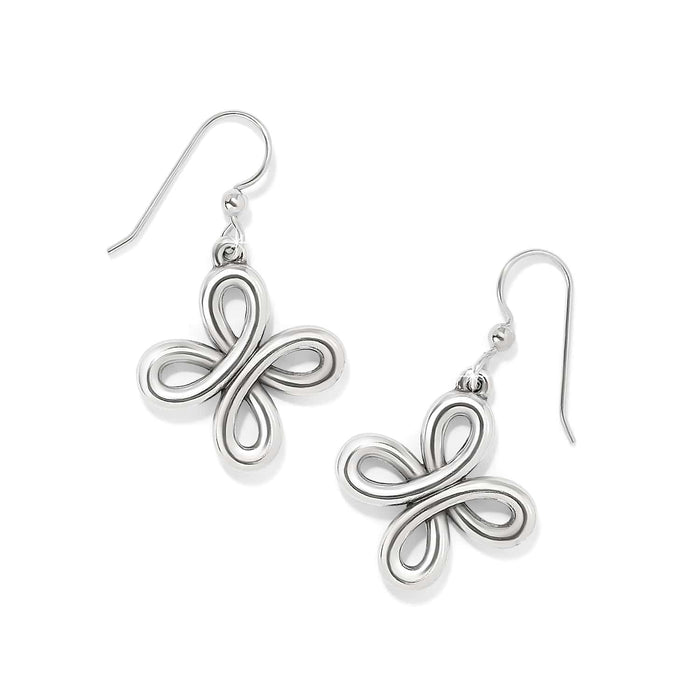 Brighton drop earrings with silver-plated looped four-petal design and French wire hooks on a white background