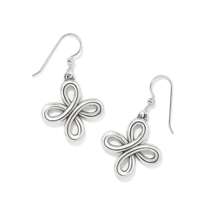 Brighton drop earrings with silver-plated looped four-petal design and French wire hooks on a white background