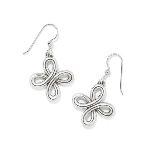 Brighton drop earrings with silver-plated looped four-petal design and French wire hooks on a white background