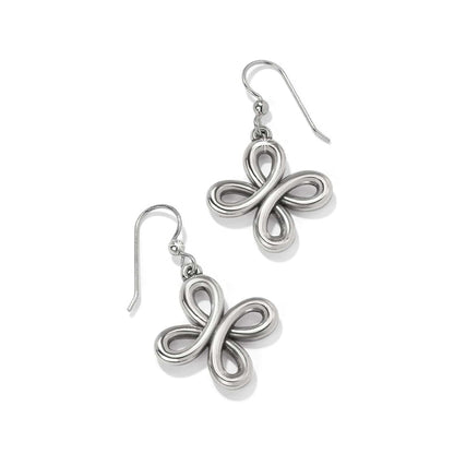 Brighton drop earrings with silver-plated looped butterfly-shaped design and French wire hooks on a white background