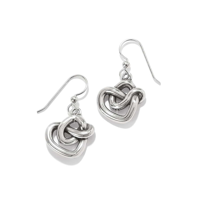 Brighton drop earrings with silver-plated interlocking knot design and French wire hooks on a white background