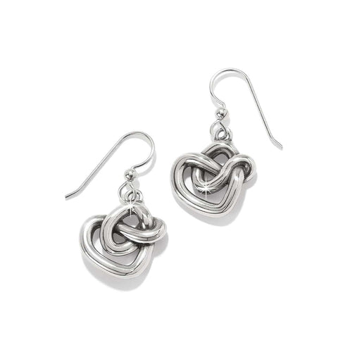 Brighton drop earrings with silver-plated interlocking knot design and French wire hooks on a white background