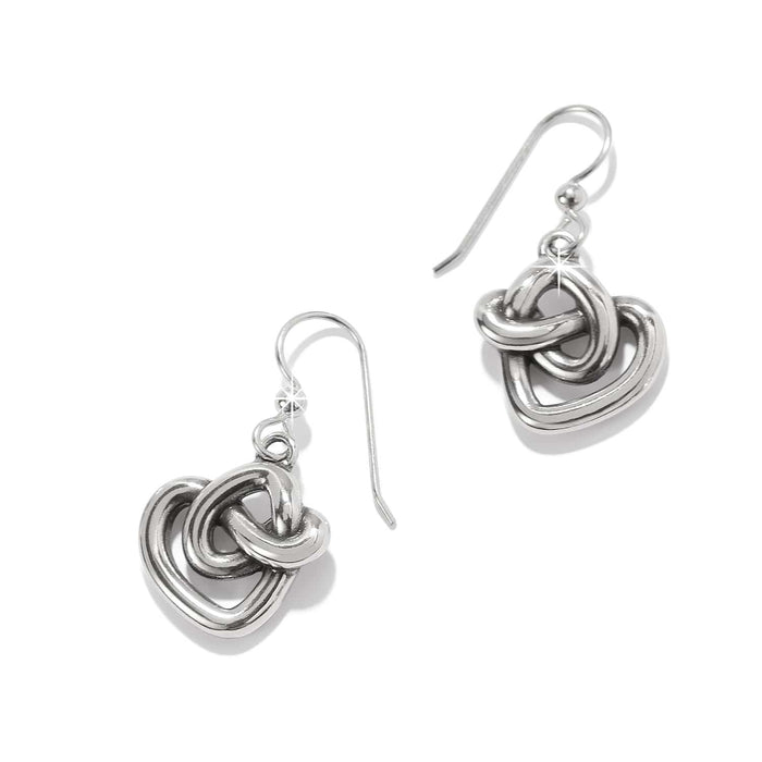 Brighton drop earrings with silver-plated interlocking heart-shaped knot design and hook wires on a white background