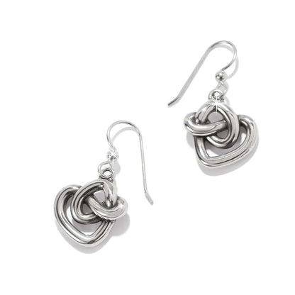 Brighton drop earrings with silver-plated interlocking heart-shaped knot design and hook wires on a white background