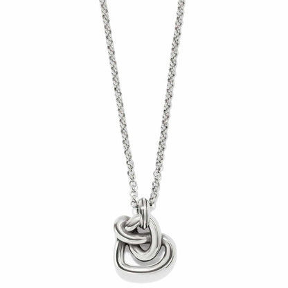 Brighton pendant necklace with silver-plated interlocking knot design on a rolo chain on a white background