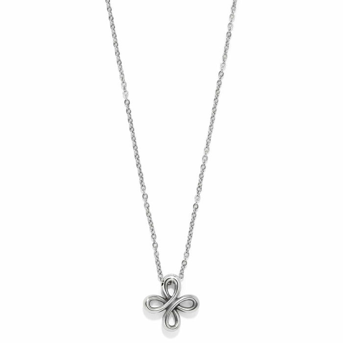 Brighton pendant necklace with silver-plated looped clover-shaped charm on a delicate chain on a white background