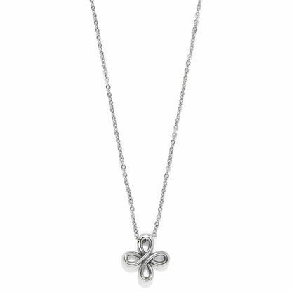 Brighton pendant necklace with silver-plated looped clover-shaped charm on a delicate chain on a white background
