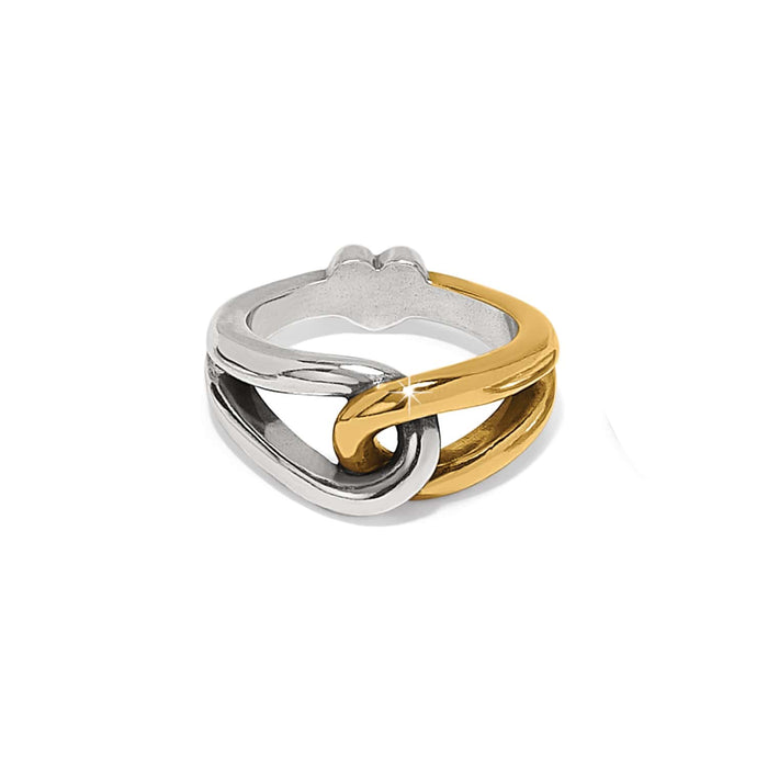 Brighton ring with interlocking silver-tone and gold-tone loop design in two-tone finish on a white background
