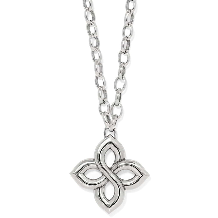 Brighton pendant necklace with silver-plated four-petal floral knot design and oval link chain on a white background