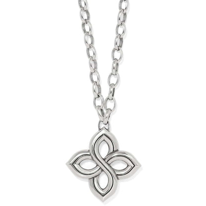 Brighton pendant necklace with silver-plated four-petal floral knot design and oval link chain on a white background