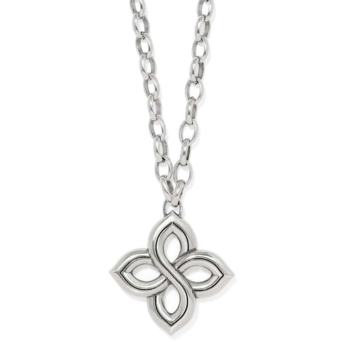 Brighton pendant necklace with silver-plated four-petal floral knot design and oval link chain on a white background