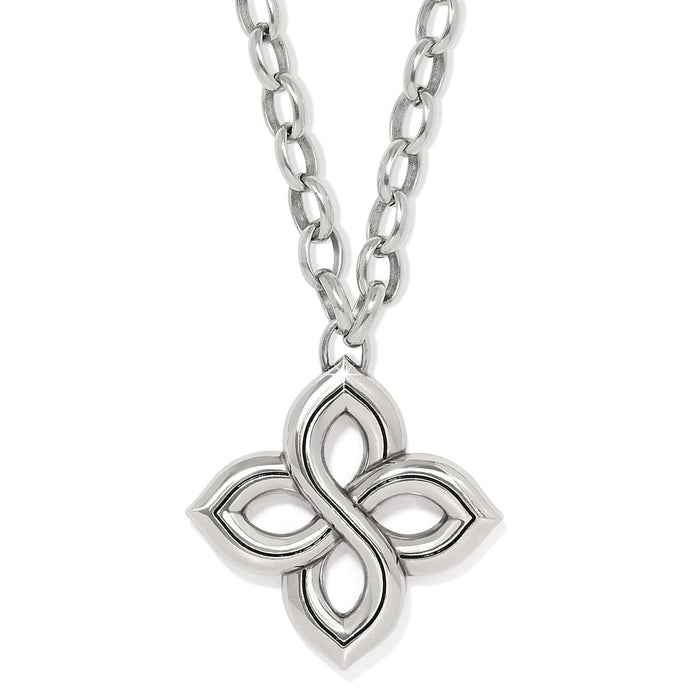 Brighton pendant necklace with silver-plated four-petal floral knot design and oval link chain on a white background
