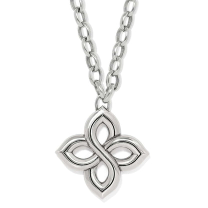 Brighton pendant necklace with silver-plated four-petal floral knot design and oval link chain on a white background