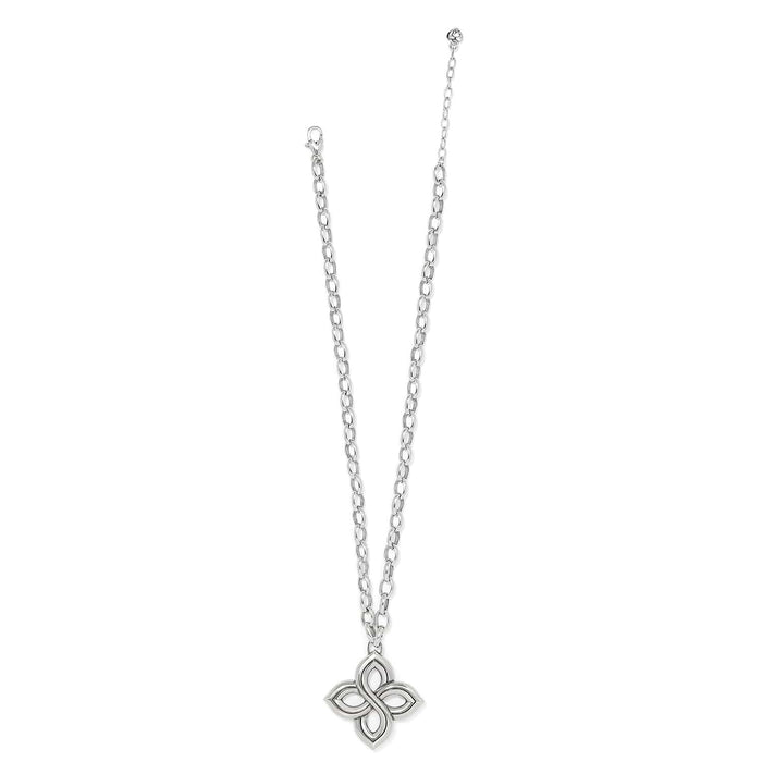 Brighton pendant necklace with silver-plated four-petal floral pendant and oval link chain on a white background