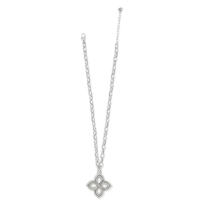 Brighton pendant necklace with silver-plated four-petal floral pendant and oval link chain on a white background