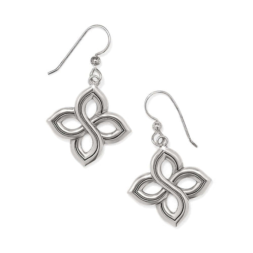 Brighton drop earrings with silver-plated four-petal floral openwork design and French hook wires on a white background