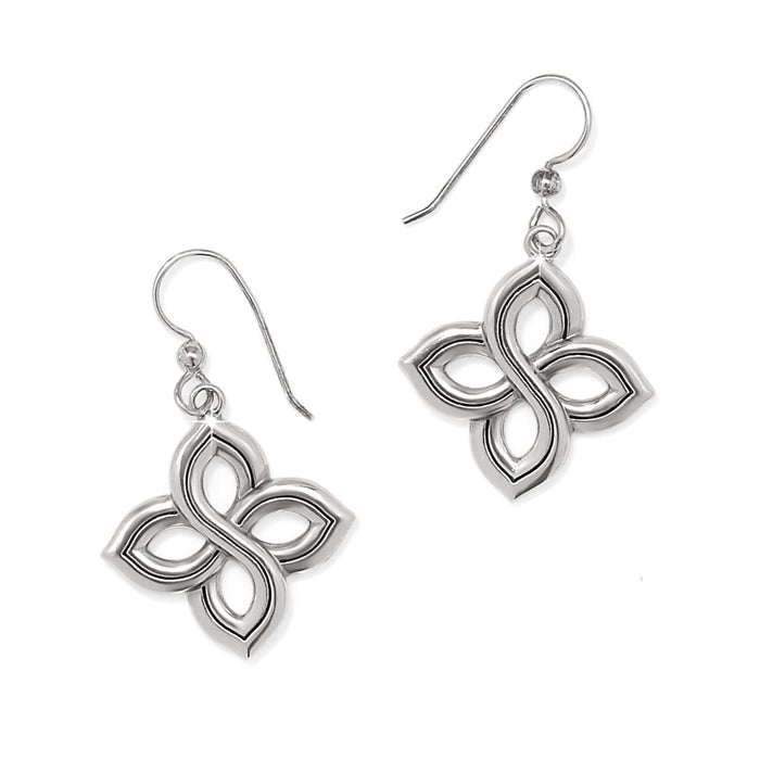 Brighton drop earrings with silver-plated four-petal interlocking floral design and French hook wires on a white background