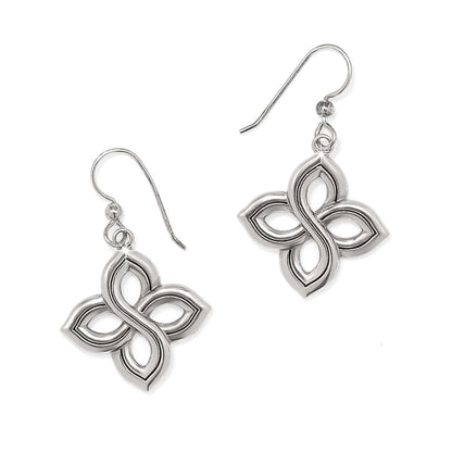 Brighton drop earrings with silver-plated four-petal interlocking floral design and French hook wires on a white background