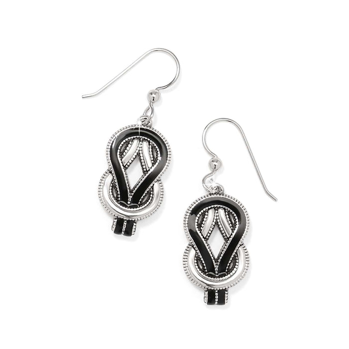 Brighton drop earrings with silver-plated knot design and black enamel accents on a white background