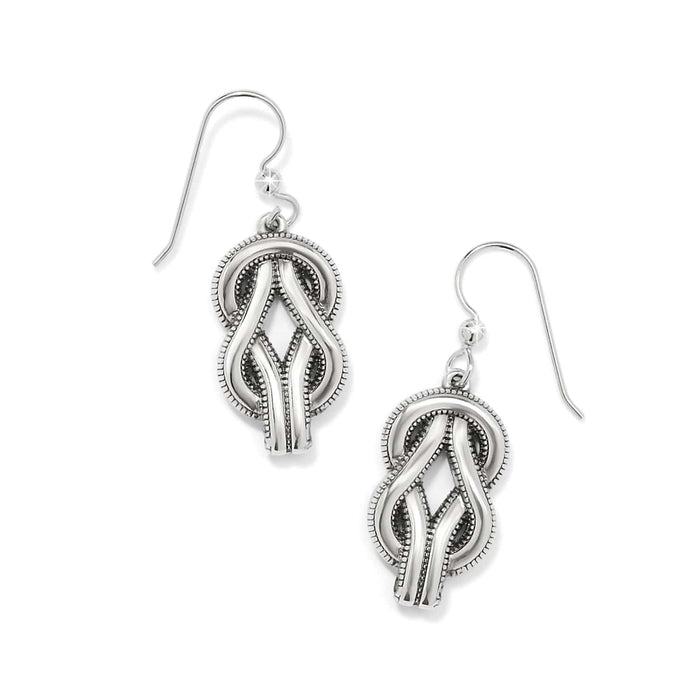 Brighton drop earrings with silver-plated interwoven knot design and beaded detailing on a white background