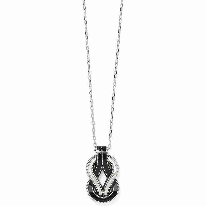 Brighton pendant necklace with silver-plated chain, black enamel accents, and interwoven loop design on a white background